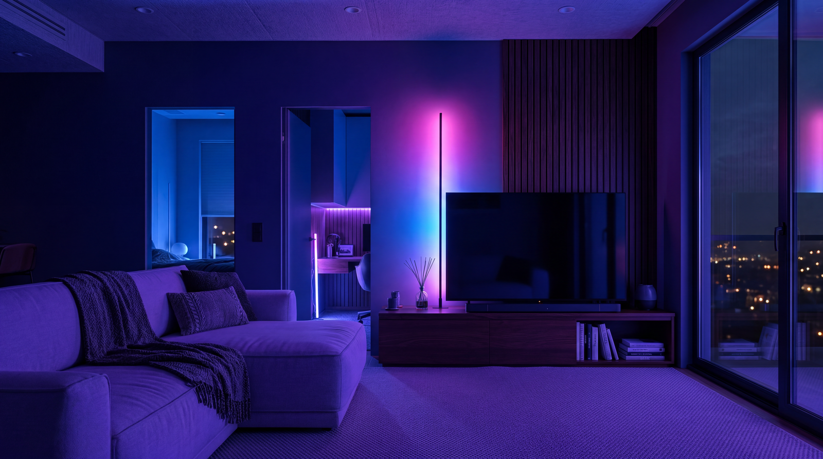 RGB LED лампа INTELLECT у темному інтер’єрі